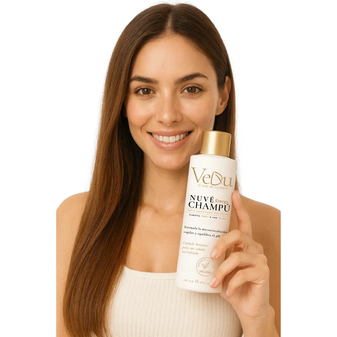 Mujer con cabello brillante sosteniendo el champú VeDu Nuvé Energy, ideal para crecimiento y caída del cabello, sobre un fondo blanco.