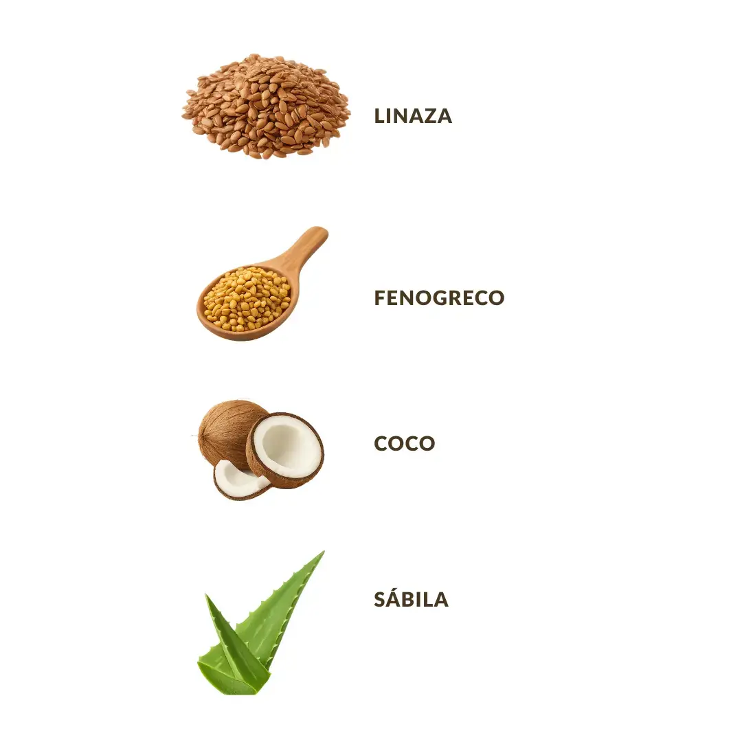 Botella del champú VeDu Hidra Frizz para cabello seco y con frizz, con sus ingredientes clave: linaza, fenogreco, coco y sábila.