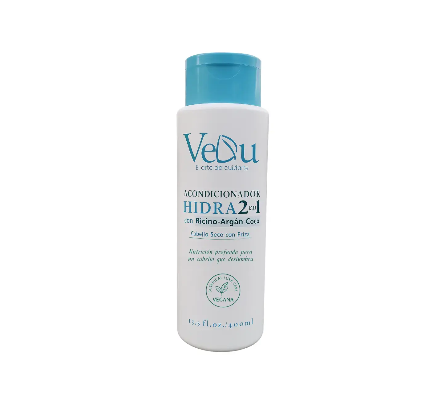 Botella blanca del acondicionador VeDu Hidra 2 en 1 con Ricino, Argán y Coco para cabello seco con frizz.
