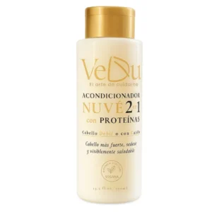 Botella blanca y dorada del acondicionador VeDu Nuvé 2 en 1 con proteínas para cabello débil o con caída.