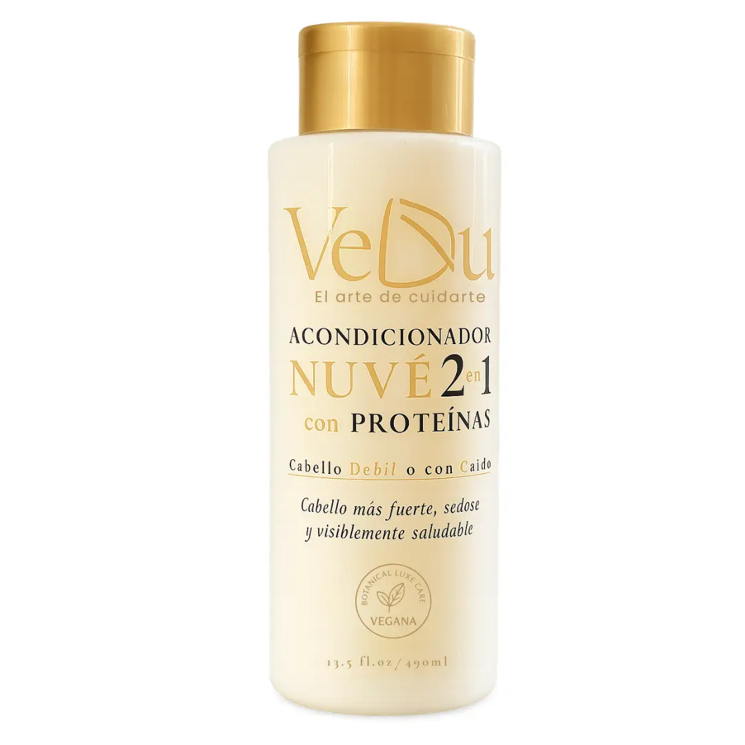Botella blanca y dorada del acondicionador VeDu Nuvé 2 en 1 con proteínas para cabello débil o con caída.