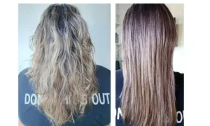 Comparación antes y después de cabello con frizz a cabello liso, suave y brillante.