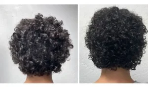 Comparación antes y después de cabello rizado con frizz a rizos definidos y brillantes.