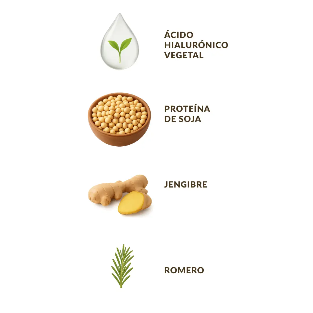 Ilustración de los ingredientes del acondicionador: ácido hialurónico, proteína de soja, jengibre y romero.