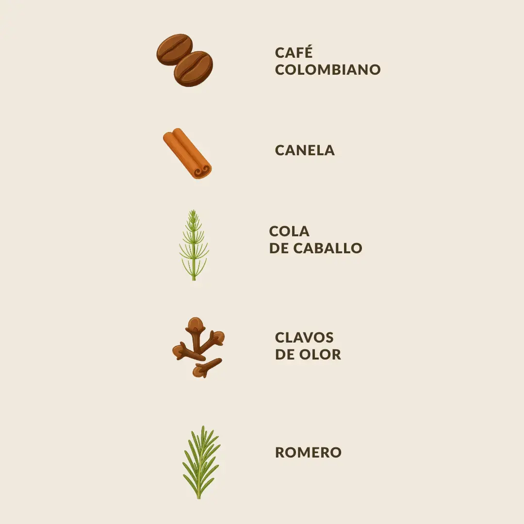 Ingredientes del champú VeDu Nuvé Energy: Café colombiano, canela, cola de caballo, clavos de olor y romero.