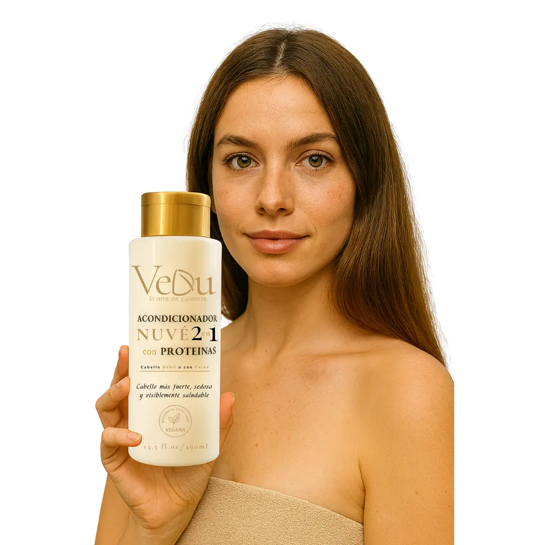 Mujer con cabello largo y saludable sosteniendo el acondicionador VeDu Nuvé 2 en 1 con proteínas para cabello débil o con caída.